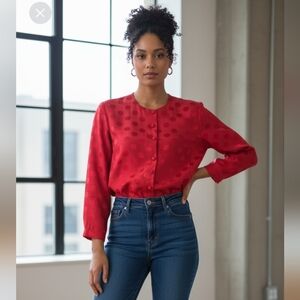 Vintage Adrianna Papell Silk Red Polka Dot Blouse Size Large